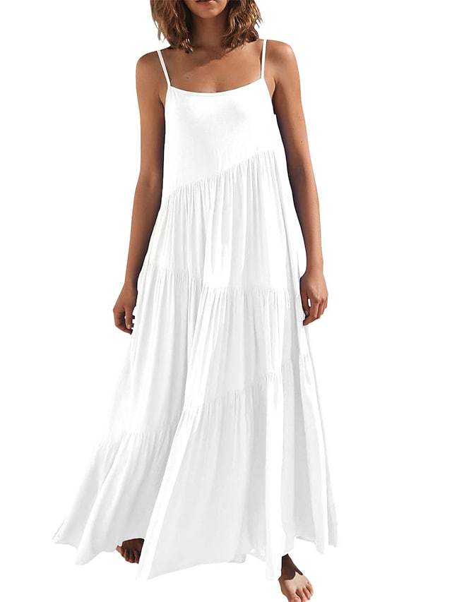Womens Loose Casual Pleated Irregular Dress Beach Slip Maxi Dress