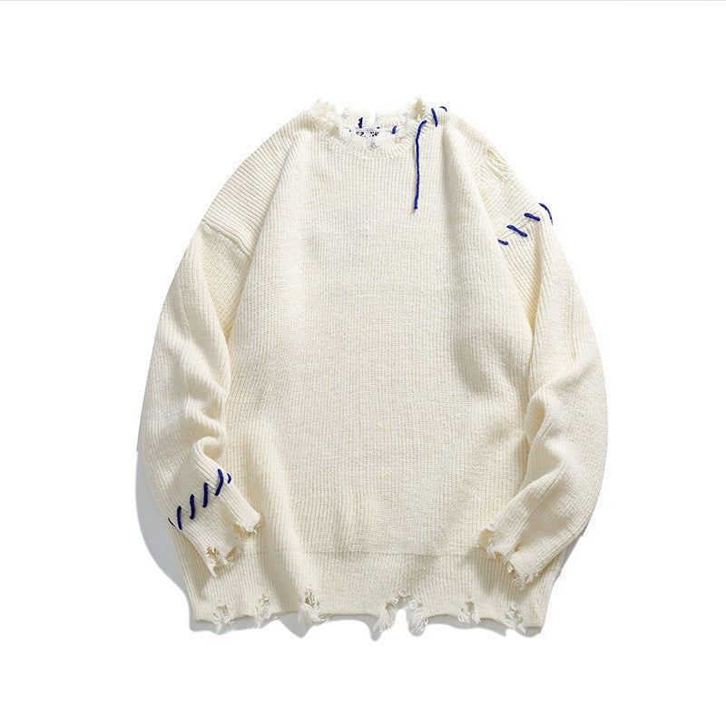 High Street Hip Hop Contrasting Color Embroidery Ripped Green Sweater