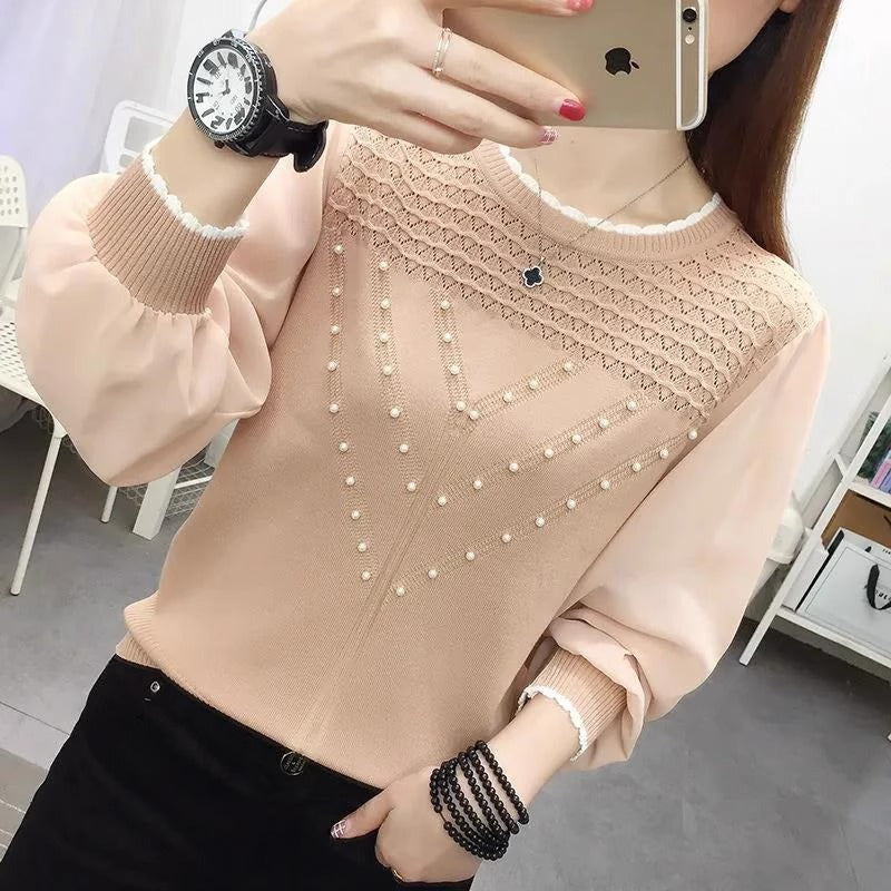 Chiffon Ice Silk Knitted Bottoming Shirt Long Sleeve Round Neck