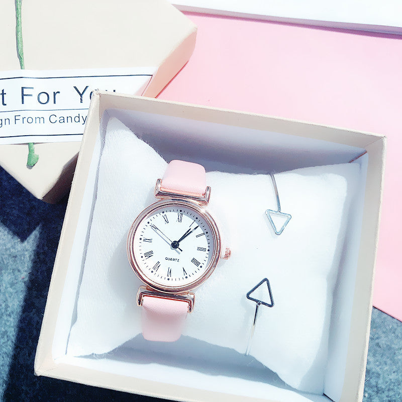 Simple small dial belt quartz watch + triangle bracelet