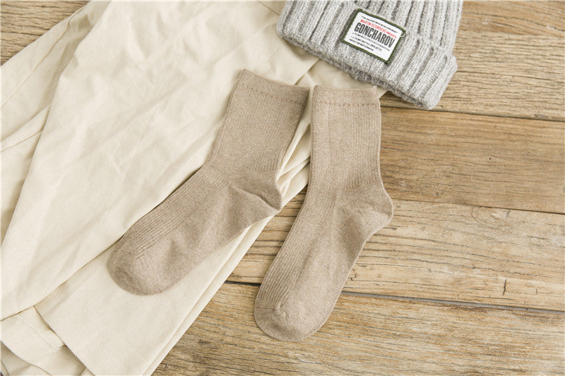 Japanese Retro Solid Color Double Needle Women's Mid-tube Cotton Socks