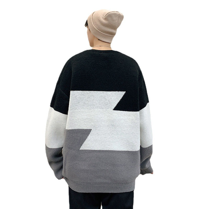 Men's Color Block Loose Round Neck Sweater