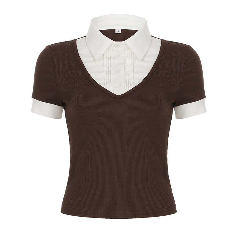 Amerikansk Retro Polo Krave Stitched Falske To Dele Kortærmet T-shirt Til Kvinder