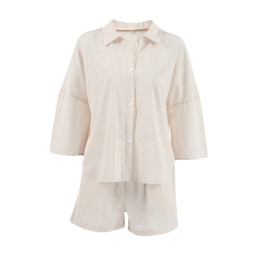 Cotton-Linen Pajama Set For Women Three-Quarter-Sleeve Top And Shorts Loose And Comfortable Two-Piece Set