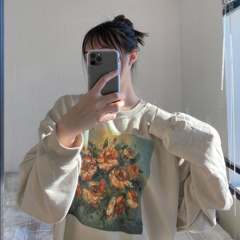 Retro Oil Painting Flower Sweater Women's Loose Sleeve Top