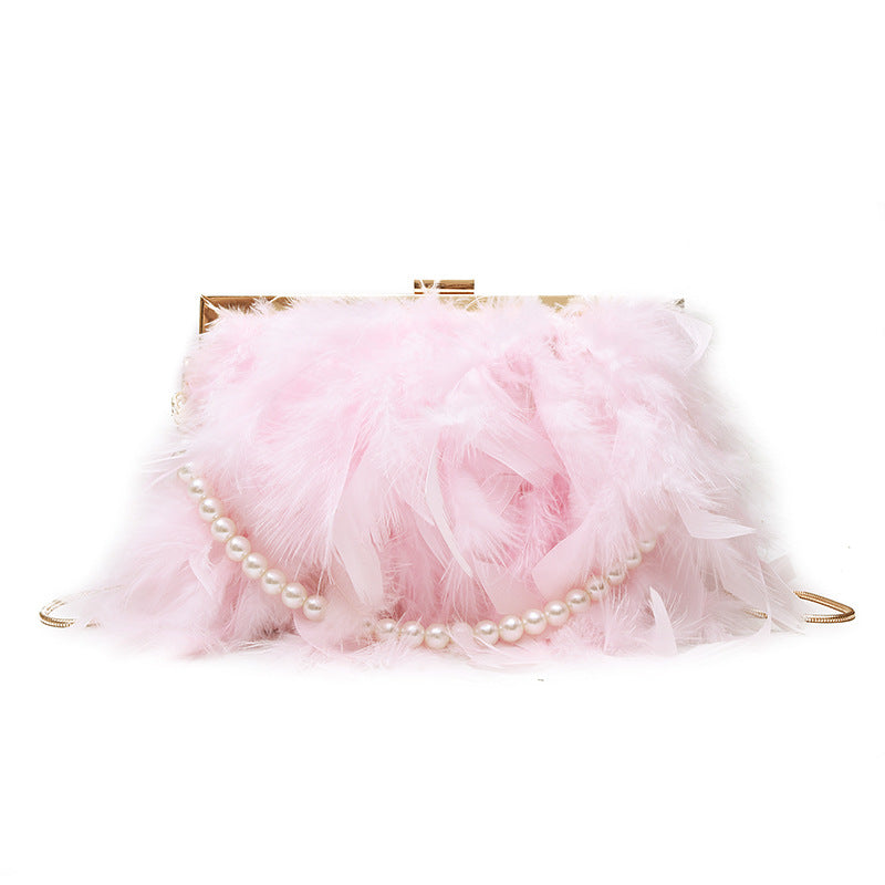 Ostrich hair clip buckle pearl diagonal bag