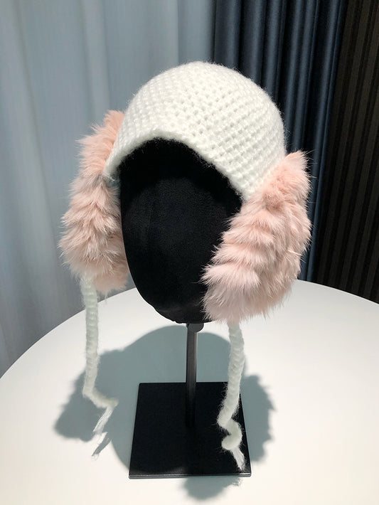 Women's Furry Double Ear Protection Rabbit Wool Beanie Hat