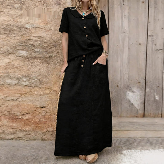 Womens Casual Solid-Colored Cotton-Linen Loose Two-Piece Skirt Set