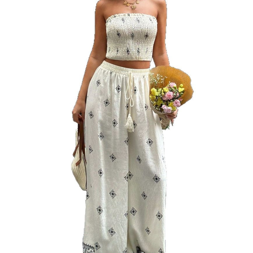Bohemian Ice-silk Linen Tube Top And Wide-leg Pants