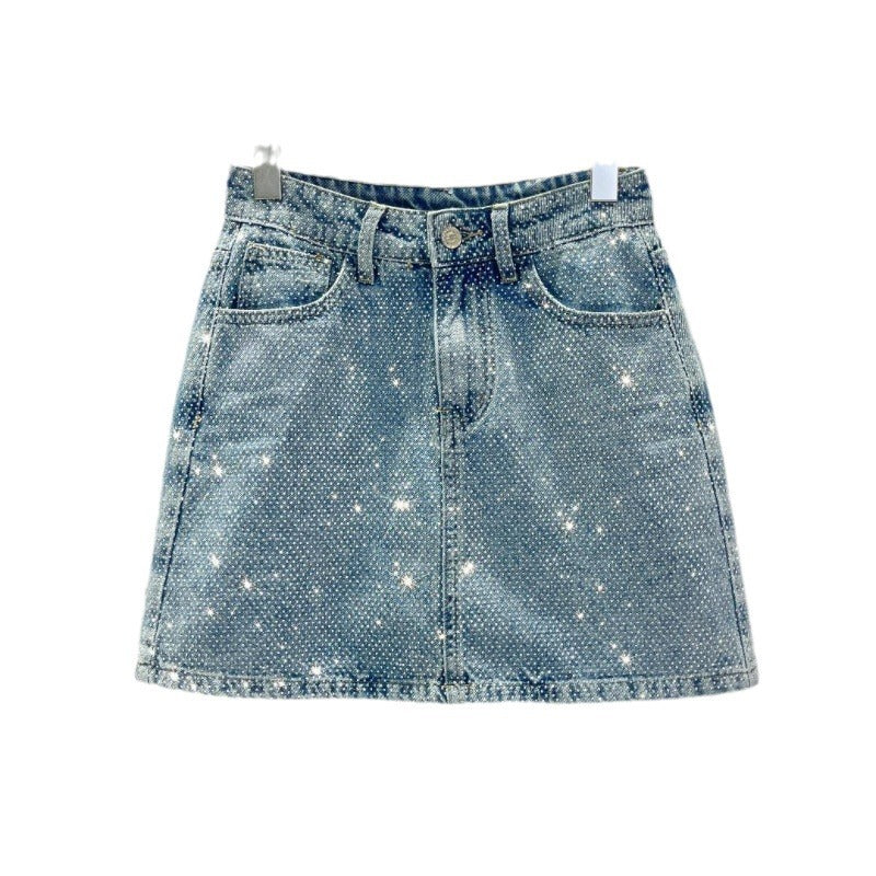 style Starry Hot Rhinestone Versatile Slimming Casual Denim Skirt For Women