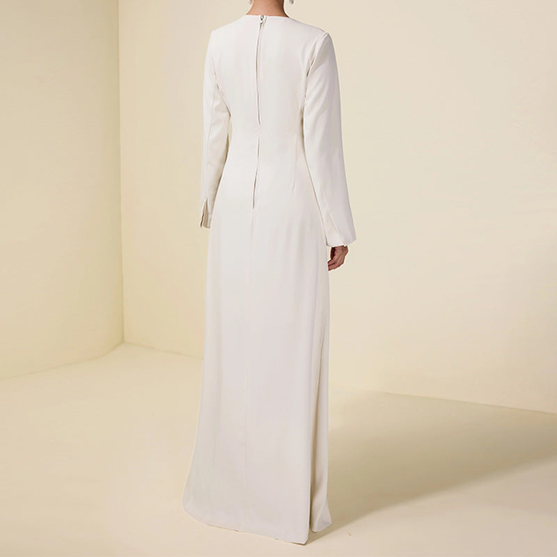 Womens Crew-Neck Long-Sleeve Slit Simple Slim-Fit Elegant Maxi Dress