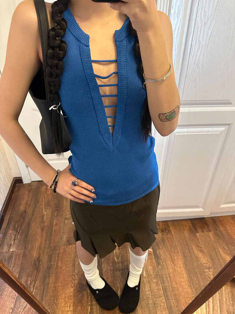 Blue Halter Sleeveless Vest Hollow Out V-neck Camisole Top