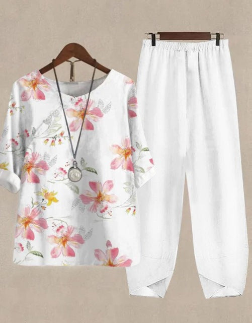 Womens Casual Crew-Neck Cropped-Sleeve Top Set