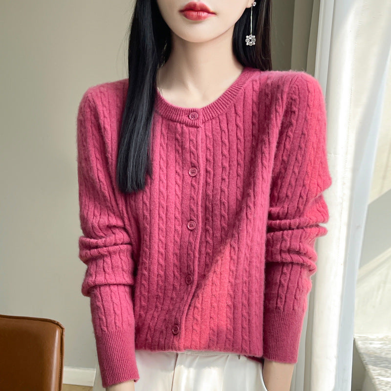 Women's Round Neck Wool Cardigan Twisted Wool Sweater