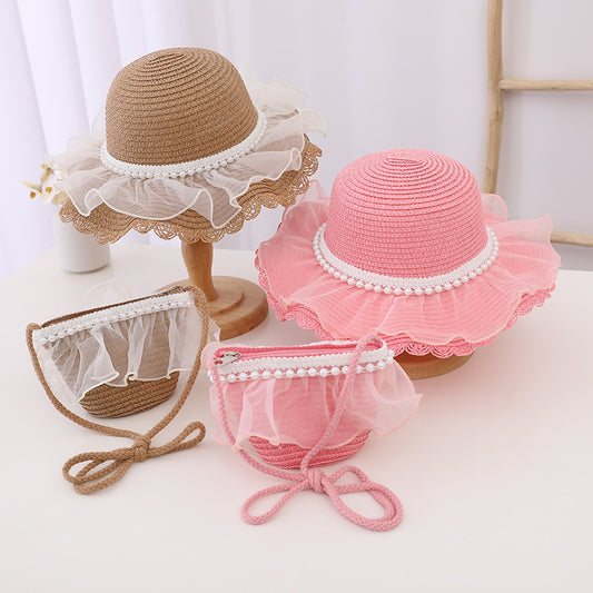 Children's Fashion Lace Pearl Straw Sun Hat