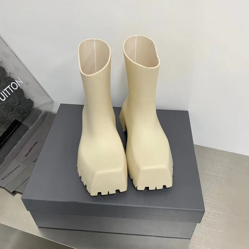 Rain Boots Men's And Women's Square Toe Mid Thick Sole