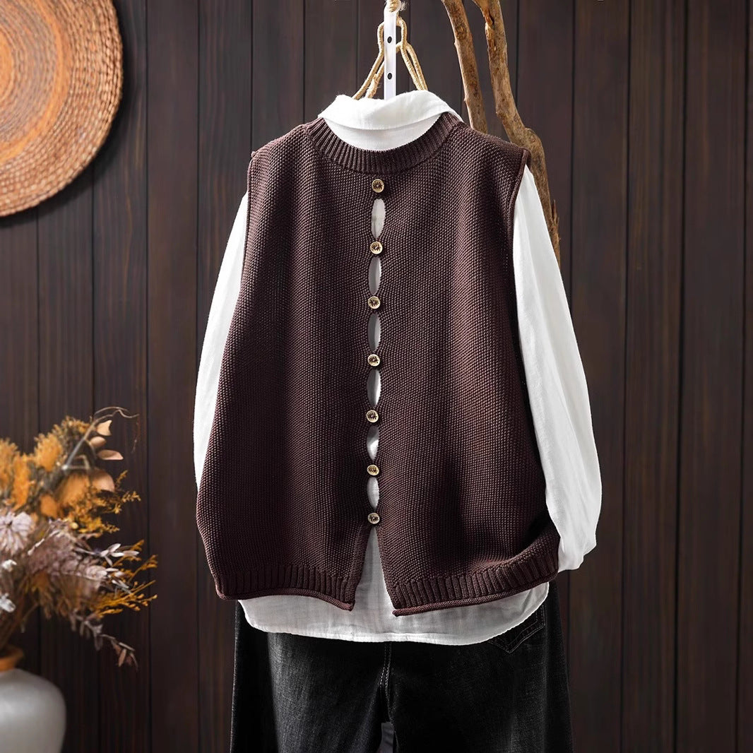 Back Buttoned Cotton Thread Knitted Vest Women