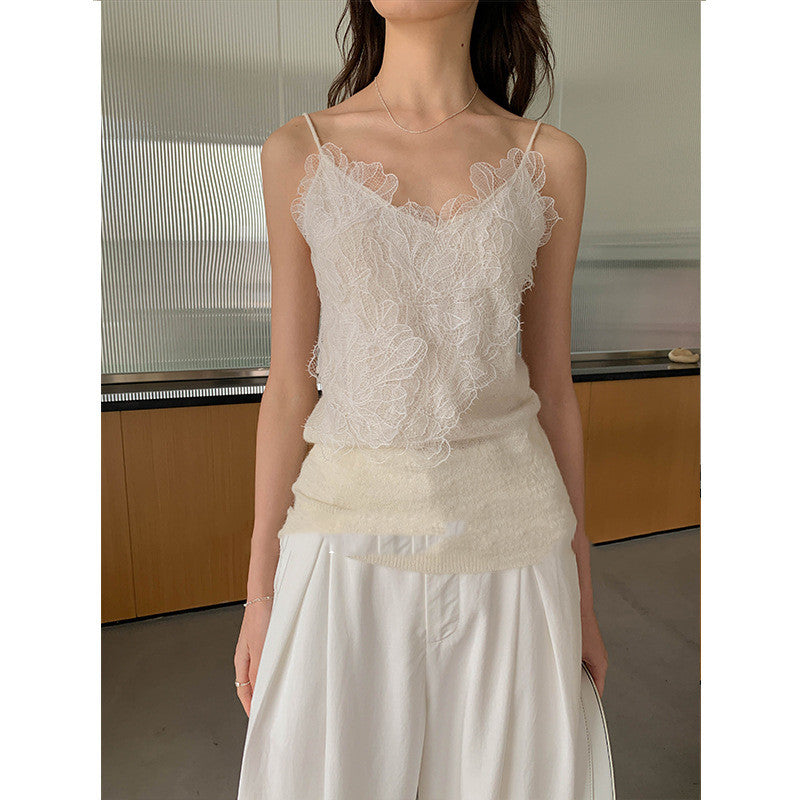 Temperament And Thin Lace Stitching Single Wear Knitted Vneck Suspender