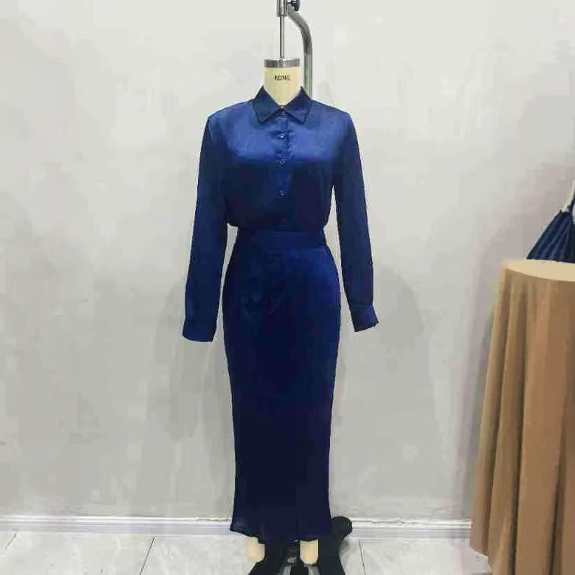 Elegant Commuter-Style Drapey Shirt And High-Waisted Pleated Skirt Set