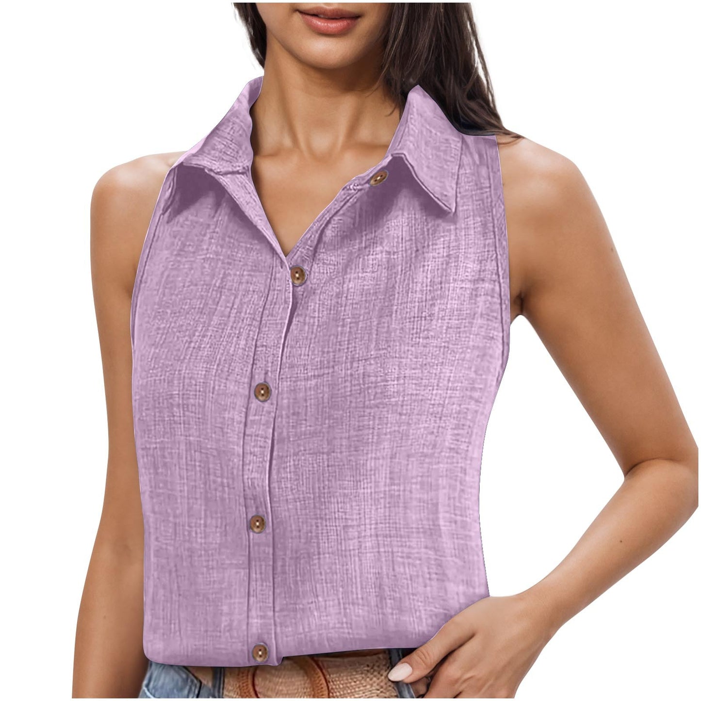 Lapel Cotton Linen Button Sleeveless Shirt Women's Clothing