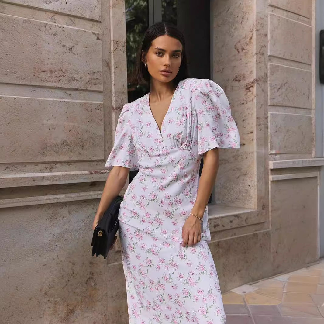 Summer New V-Neck Straight Shoulder High-Waisted Long Floral Print Dress