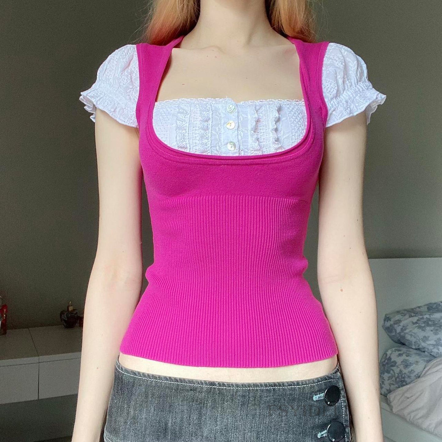 Women's Square Collar Lace Patchwork Knitted Short Sleeve