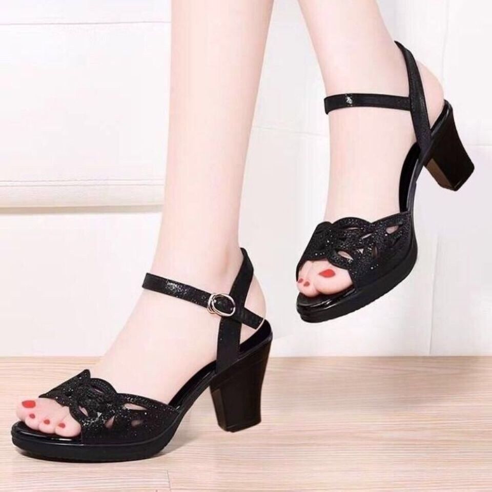 Middle Heel Fish Mouth Soft Sole Mother Shoes Diamond High