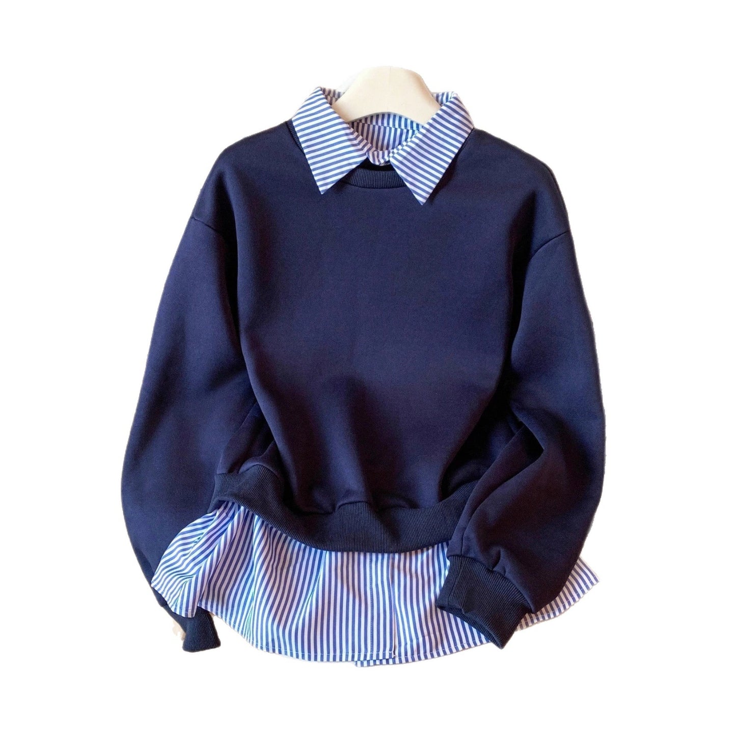 European And American Stripe Patchwork Fake Two-piece Women's Hooded Long-sleeved Sweatshirt