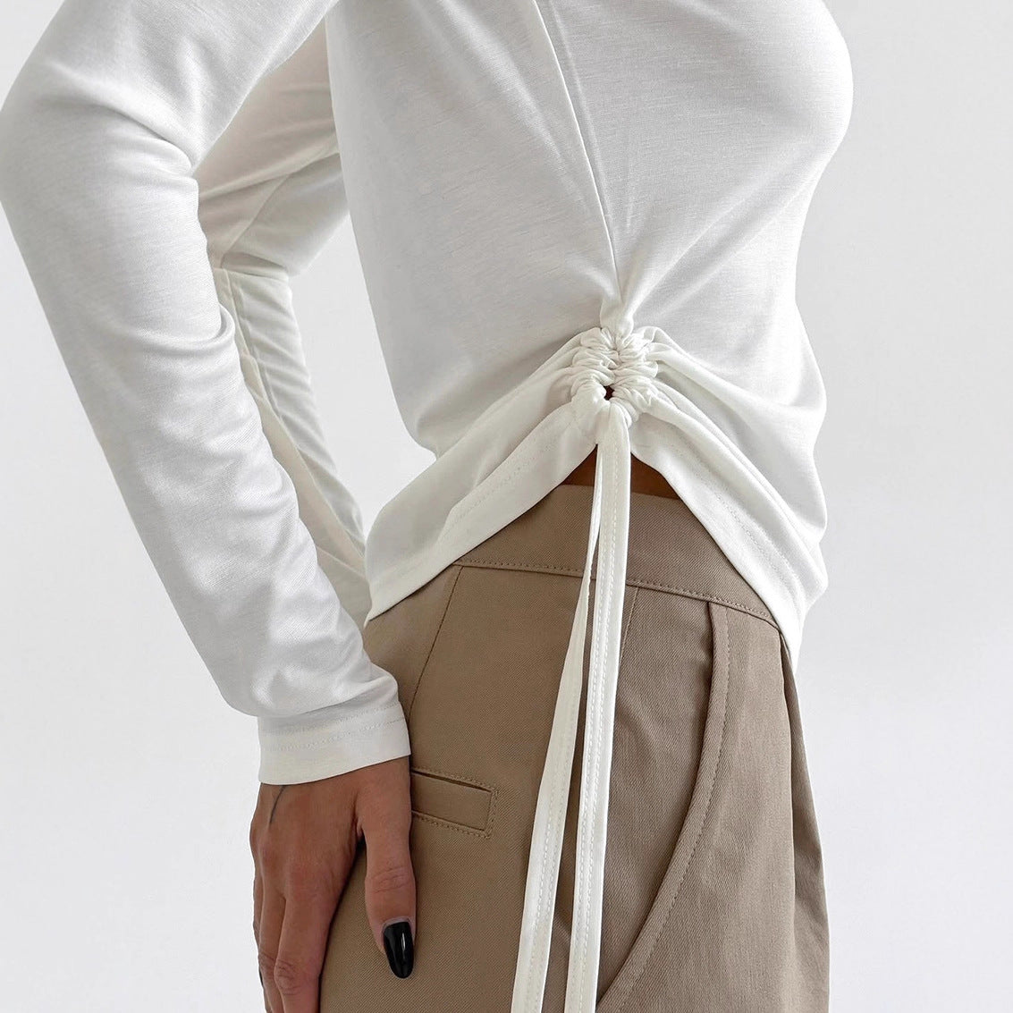 Women's Round Neck Side Tie Waist Long Sleeve