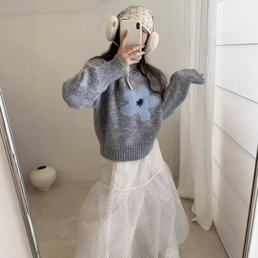 Early Autumn Versatile Casual Floral Round Neck Knitted Long Sleeve Top