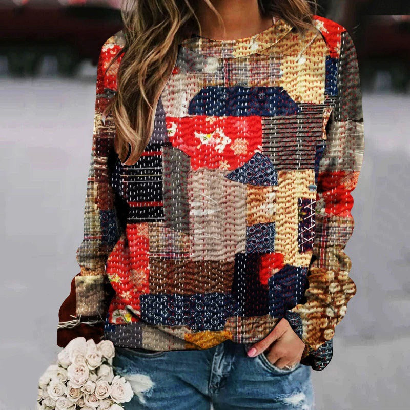 Printed Patchwork Round Neck Raglan Long Sleeve Women's Sweater