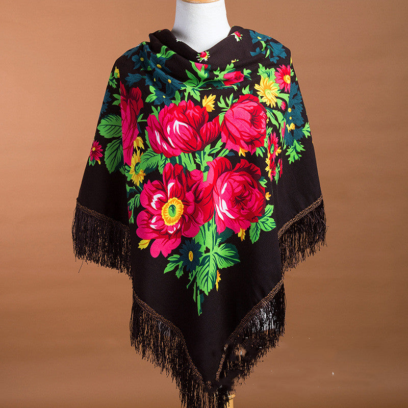 Large Square Scarf Shawl With Ethnic Print Tassels To Keep Warm