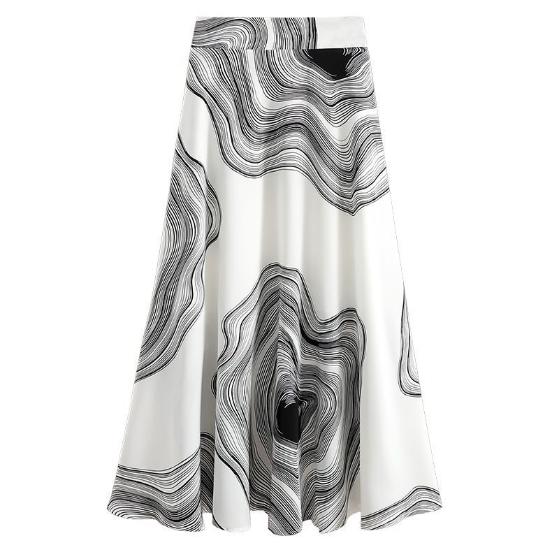 Satin Skirt Printed Color High Waist Slimming Mid-length Thin