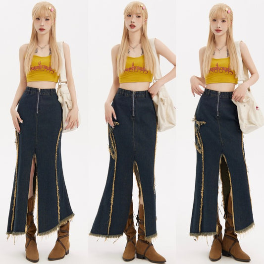 Irregular Raw Hem Distressed XINGX Denim Fishtail Skirt