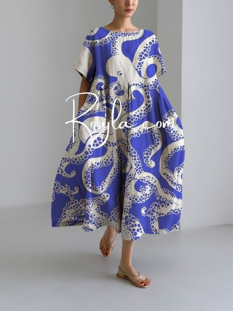 Digital Printing Small Chrysanthemum Women's Casual Short Sleeve Large Swing Dress