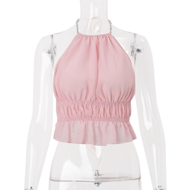 Street-style Sexy Hollow-out Pleated Solid-color Halter Tank Top