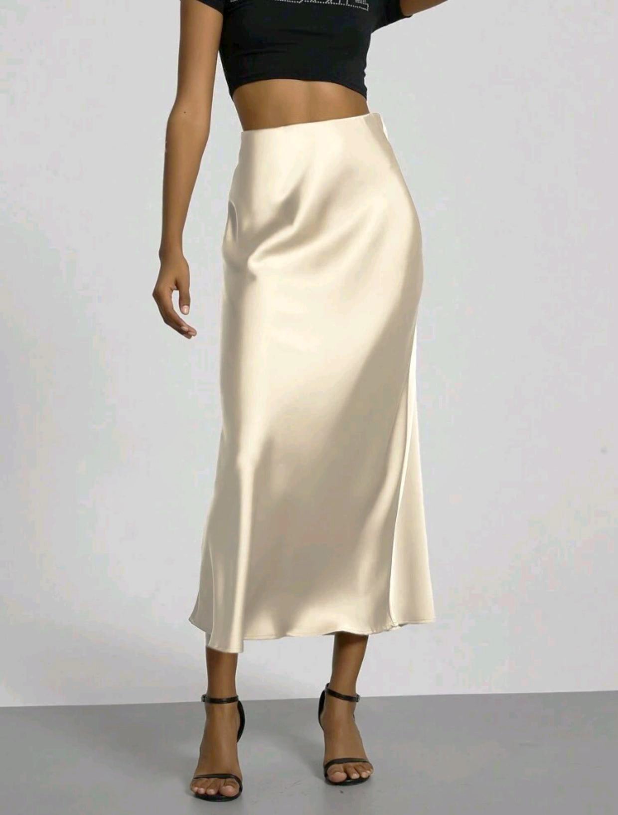 Dame Slim Fit Satin Nederdel Mode Smart Ensfarvet Lang Nederdel