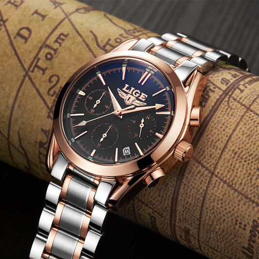 Men's sports quartz watch waterproof steel belt men's watch calendar multi-function watch business watch