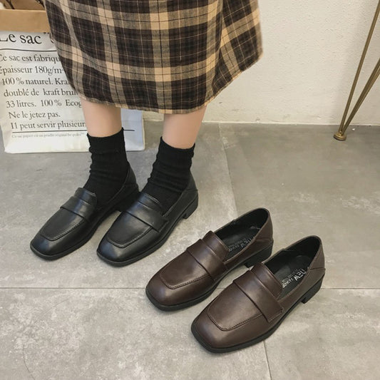 Retro Square Toe Mid-heel Soft Leather Chunky-heel Loafers