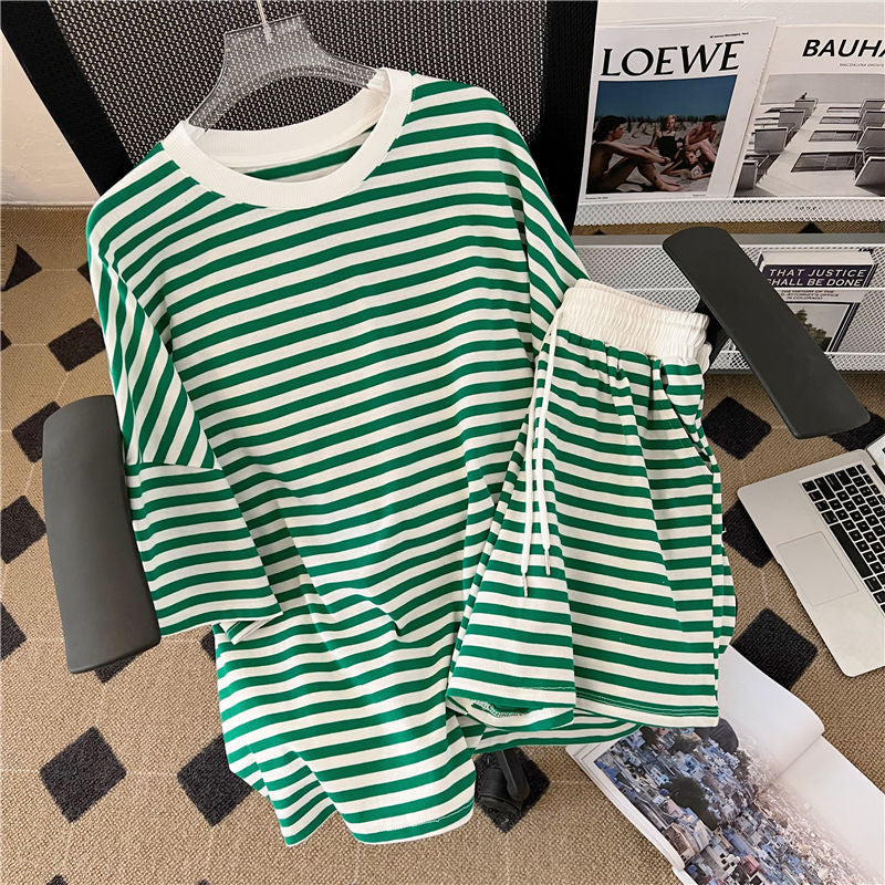 Plus-Size Preppy-Style Striped Casual Sportswear Set