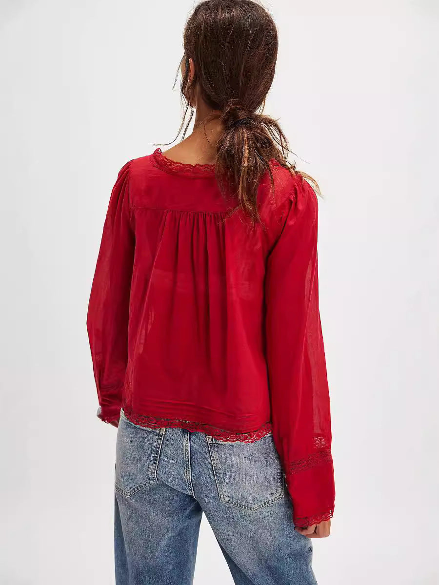 Lace U-shaped Lace Collar Long Sleeve Light Shirt