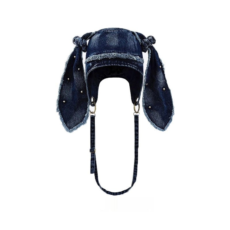 Water Washed Distressed Denim Bag And Hat Rabbit Ear Fringed Pullover Cap