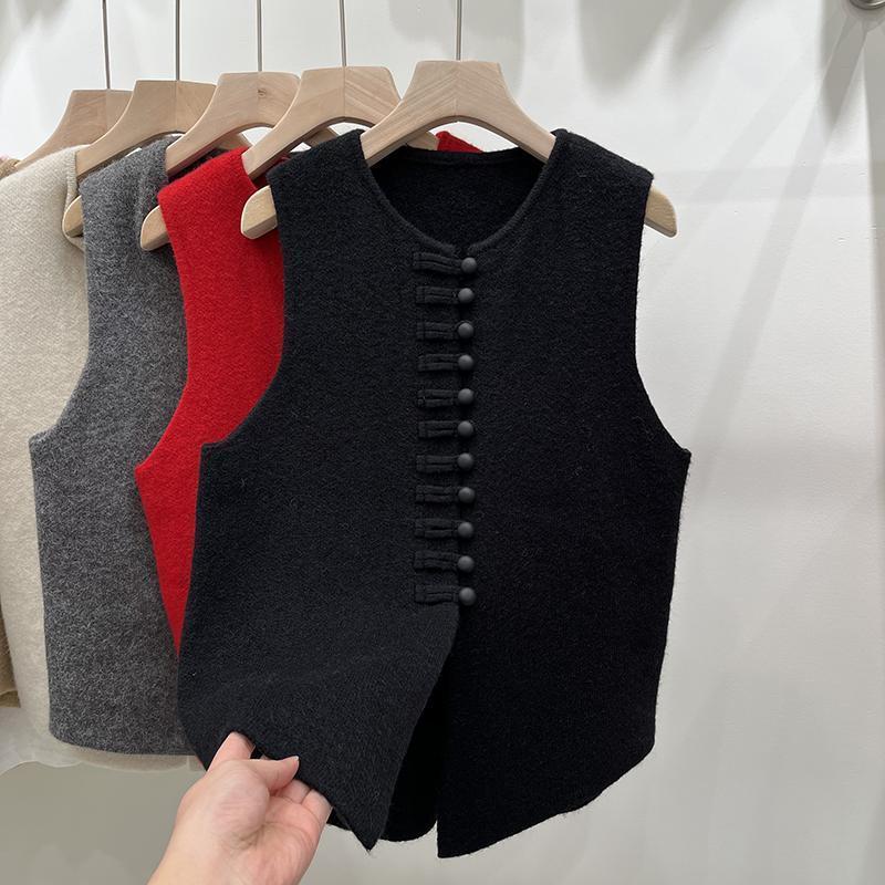 Knitted Vest Western Style Minimalist Sleeveless Chinese Knot Button Top