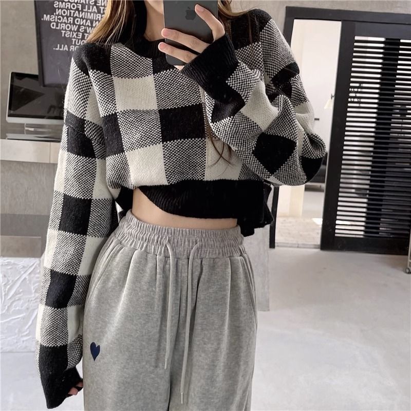 Dame, sød, alsidig kort sweater med tern