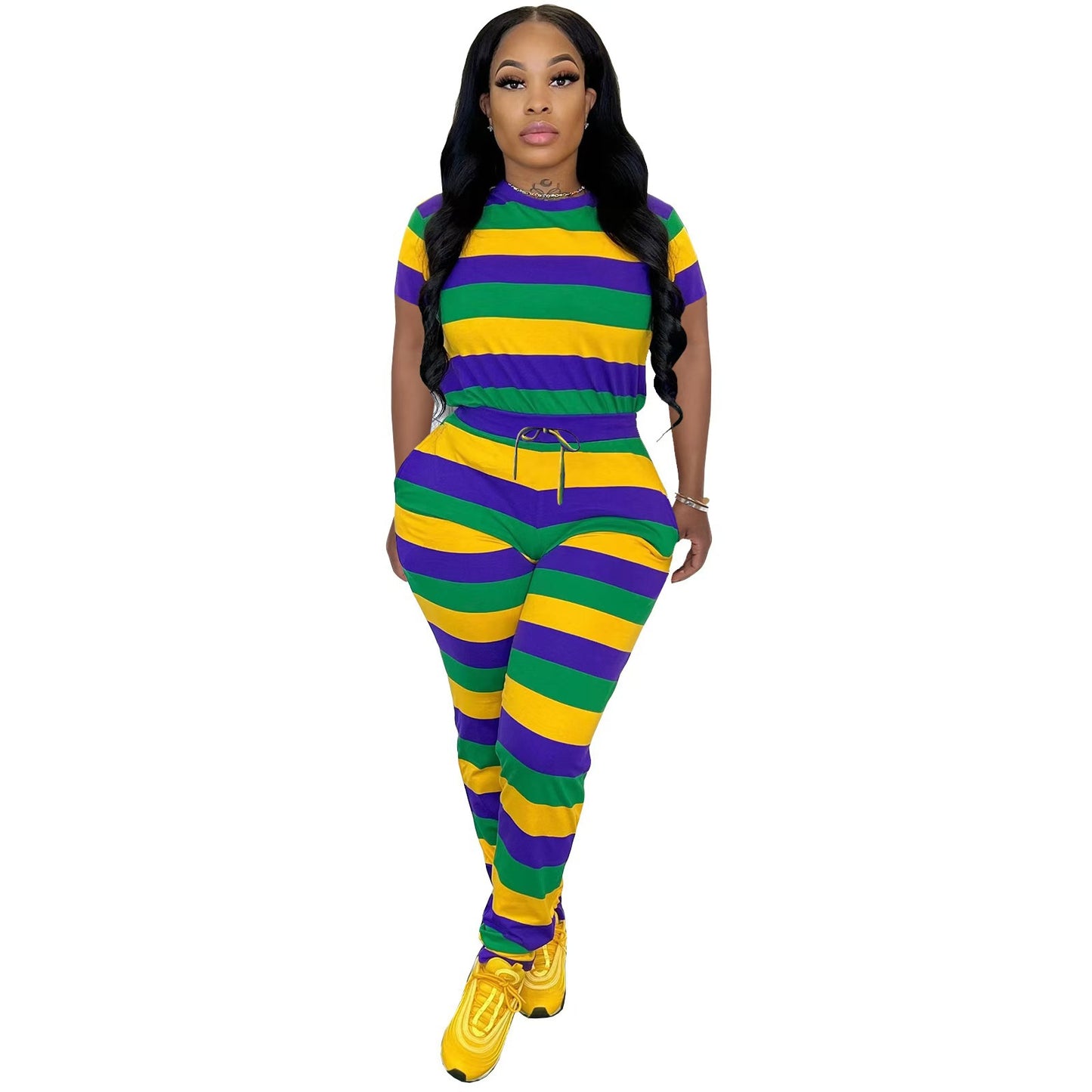 Striped Position-Printed Crew-Neck Short-Sleeve Pants Set