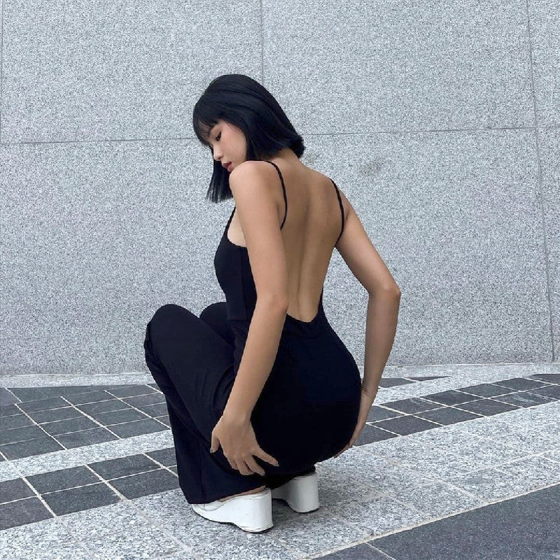 Ins European And American New Solid Slim Back Slim Jumpsuit