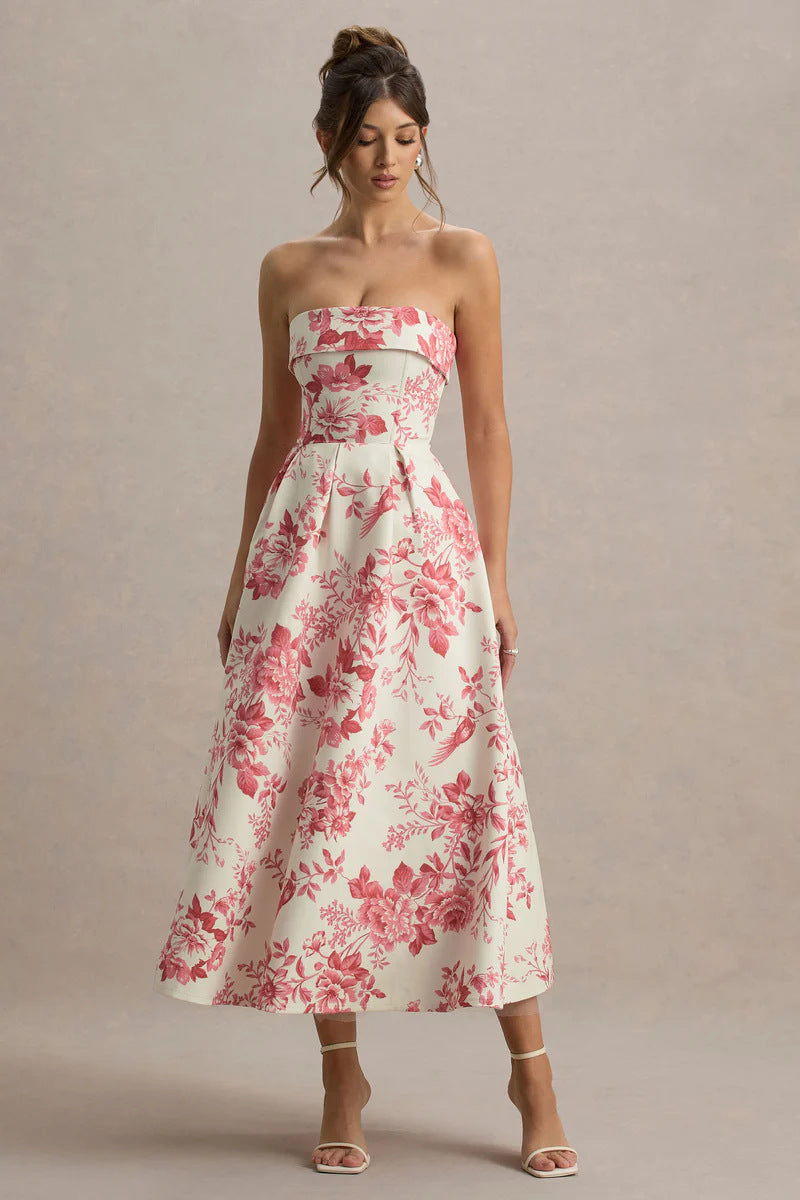 Elegant Strapless Waist-Cinched Off-Shoulder Printed Dress