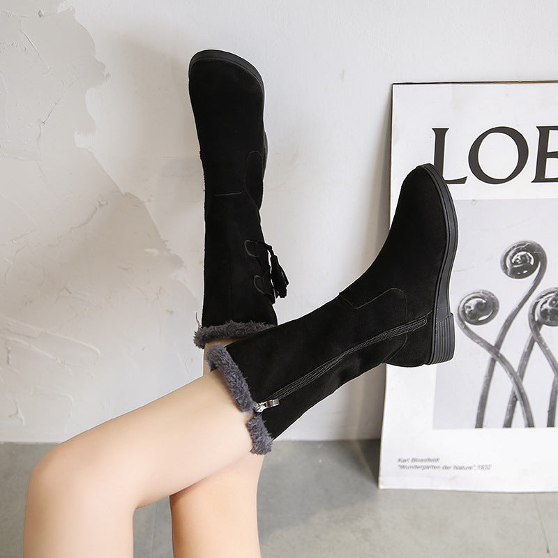 Women's Flat-heeled Fringe Plus Velvet Warm Boots