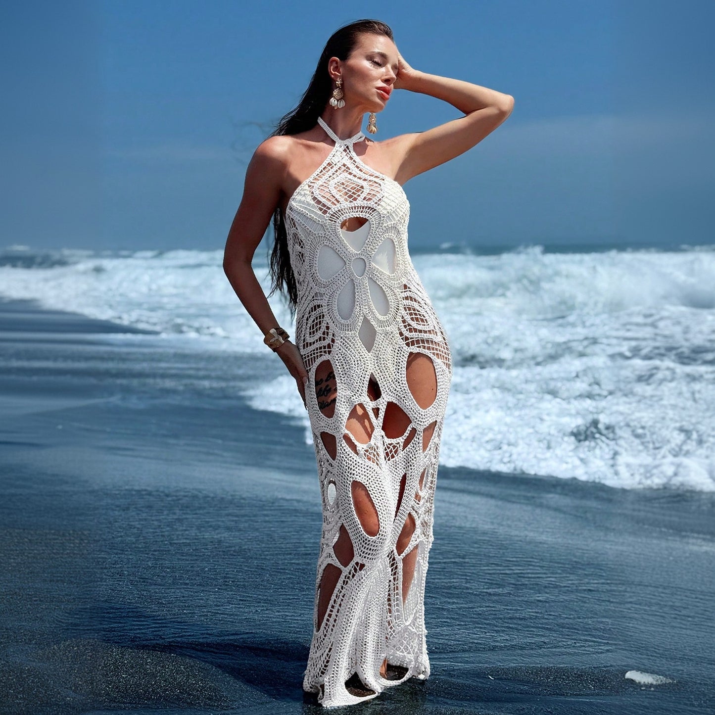 Sheer Beach Dress With Sleeveless Halter Neck