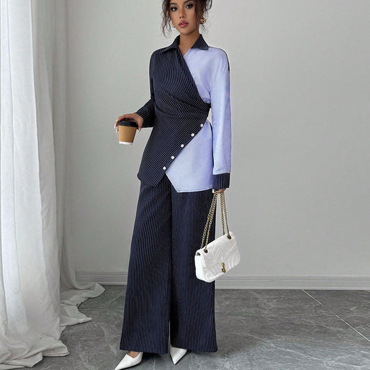Contrast Color Lace-up Long Sleeve Shirt Straight-leg Trousers Suit
